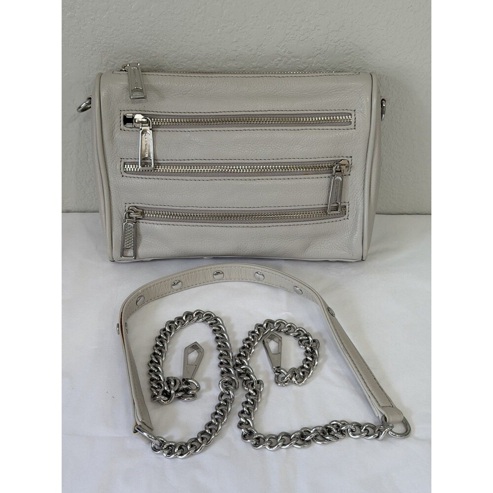 Rebecca Minkoff Avery Gray Leather Triple Zip Crossbody Bag Silver Chain